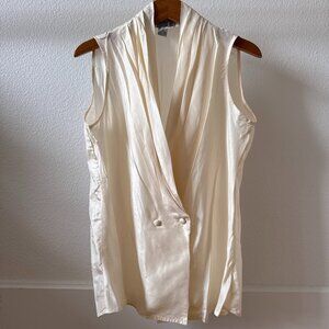 Vintage 100% Silk Ivory Blouse Deep V Draped Neck Double button Size Small Cream